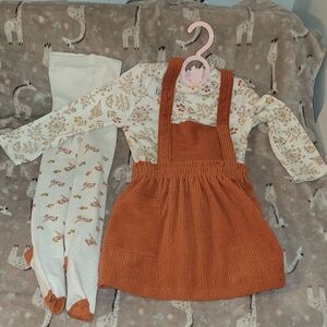 Orange Corduroy Suspender Skirt with Floral Top and Tights 2T
